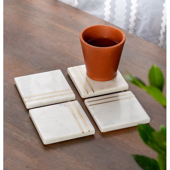 Lexi Home Square Real Marble Coasters with Brass Inlay Design - Set of 4