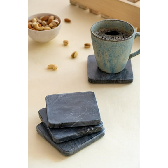 Lexi Home Square Real Marble Coasters with Lettering or Inlay Design - Grey