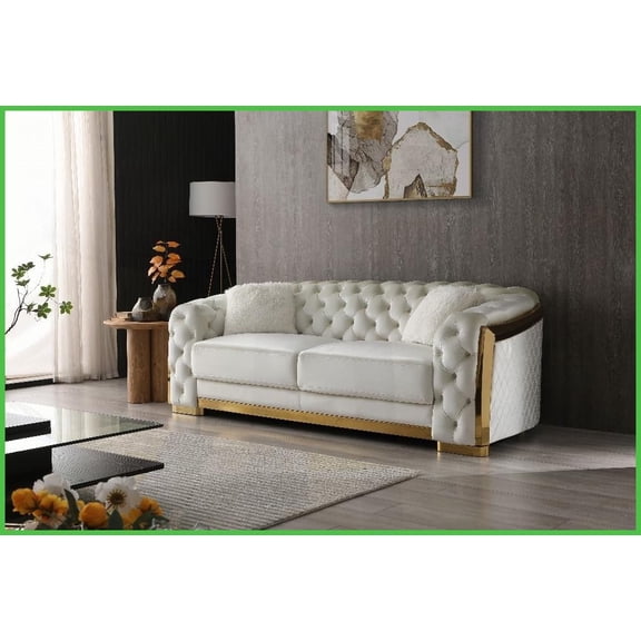 Lexi Luxury Ivory Velvet 3-Seat Living Room Sofa with Diamond Quilted Tufted Design