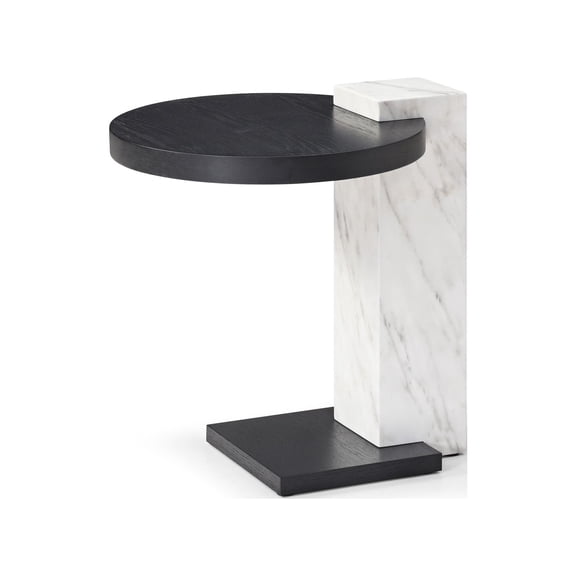 Lexi Side Table, Top and Base in Oak Smoked Veneer, Wood Column in White Marble Paper
