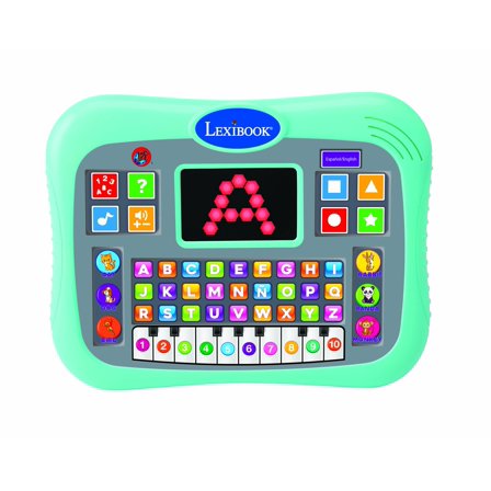 ABC bilingual talking educational tablet with touch panel and LED display to illustrate interactions with the game in English and Spanish