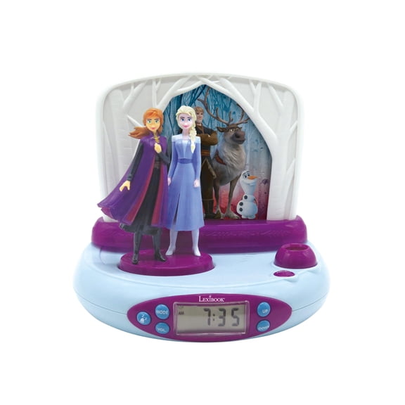Lexibook Disney Frozen 2 Elsa & Anna, Projector Alarm clock with sounds, night light, time projection onto the ceiling, sound effects, battery-powered, Blue/purple, RP510FZ
