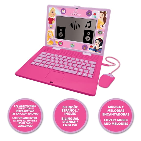 Lexibook Disney Princess Bilingual Laptop, ES/EN, 170 Acts, Large Screen