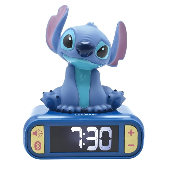 Lexibook, Disney Stitch, Digital Alarm Clock with 3D Stitch Night Light, Bluetooth Speaker, Sound Effects, LCD Screen, Snooze, Blue, RL810D