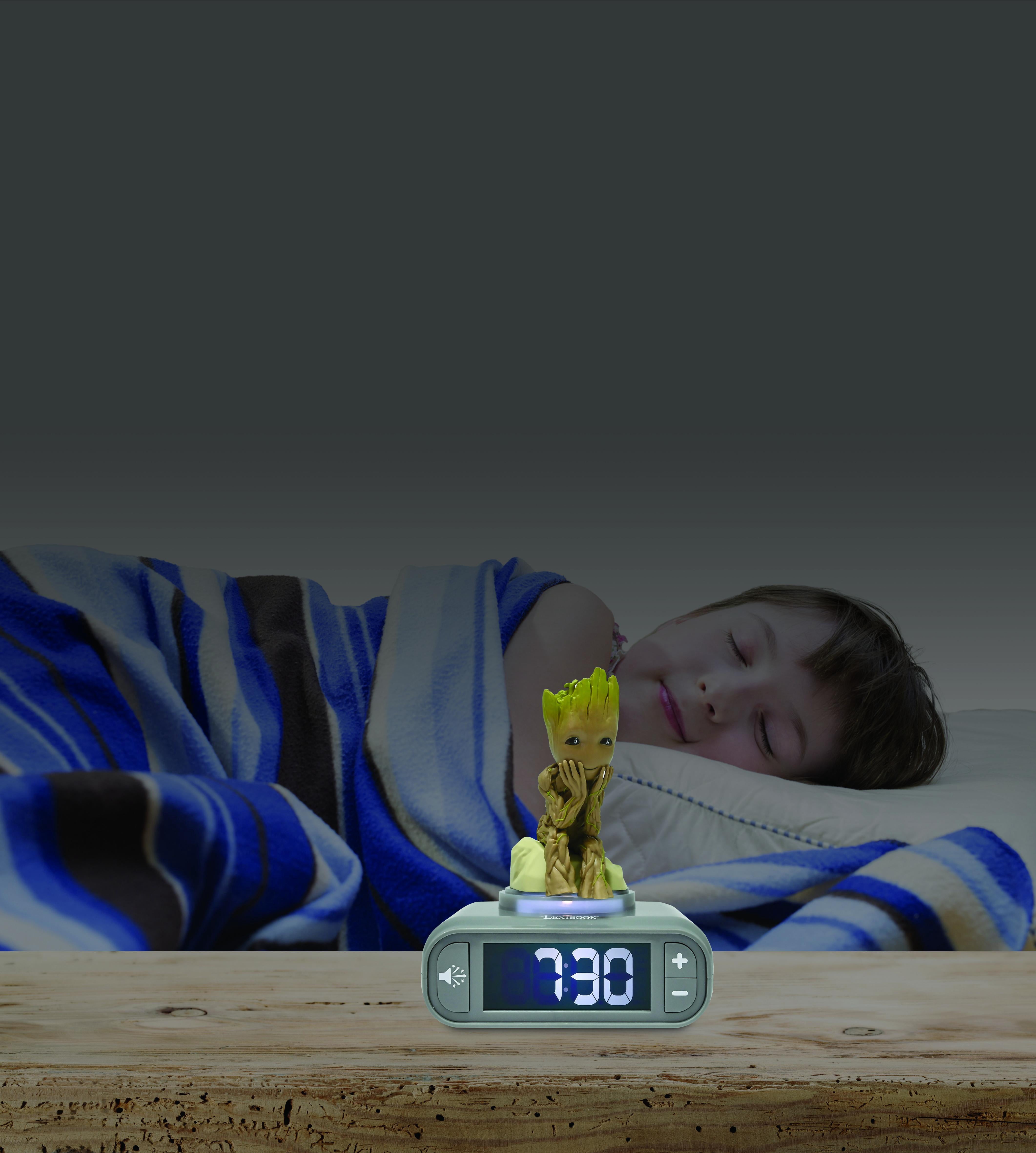 Lexibook, Marvel Guardians of the Galaxy, Groot Nightlight Alarm Clock, Sounds and Melodies, Backlit LCD Screen, Illuminated, Snooze, Grey/Brown