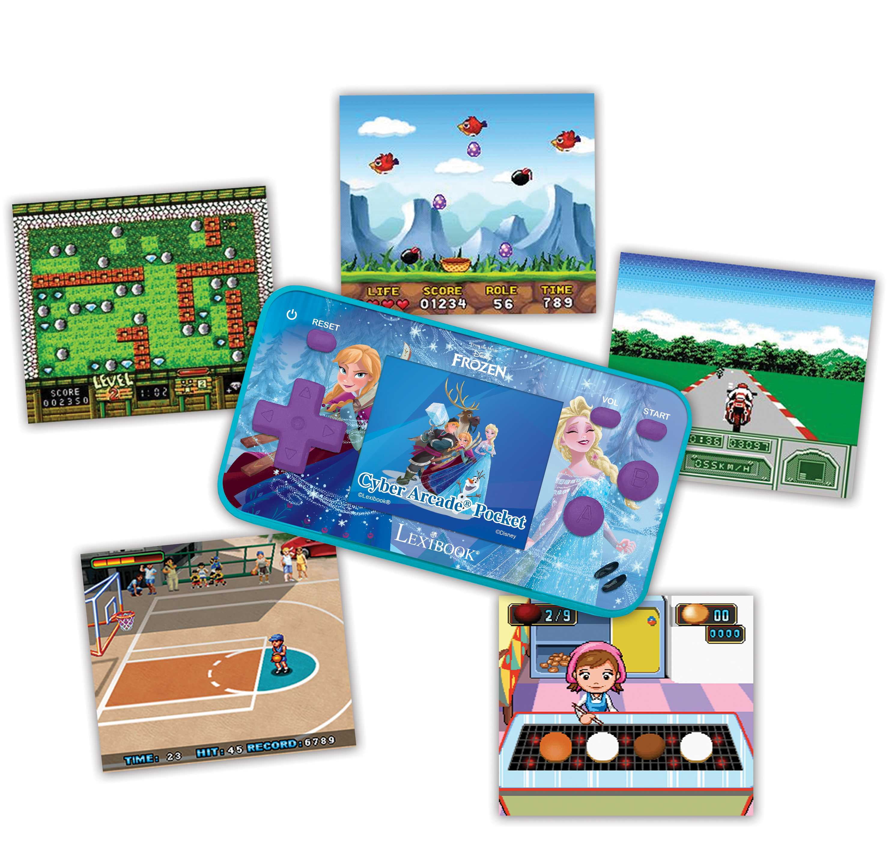 Lexibook Frozen Arcade Pocket Portable Gaming Console, 150 Games, LCD, Battery Operated, Purple / Blue