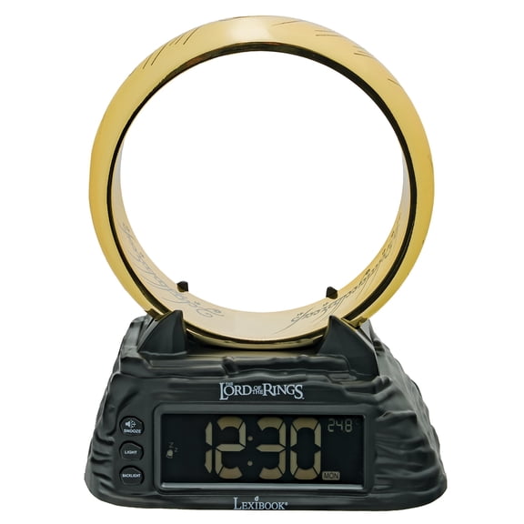 Lexibook, The Lord of the Rings Digital Alarm Clock, One Ring Lighting Nightlight, Backlit LCD Display, 6 Sound Effects, 6 Ringtones, Rechargeable Battery, Snooze, Gold/Black