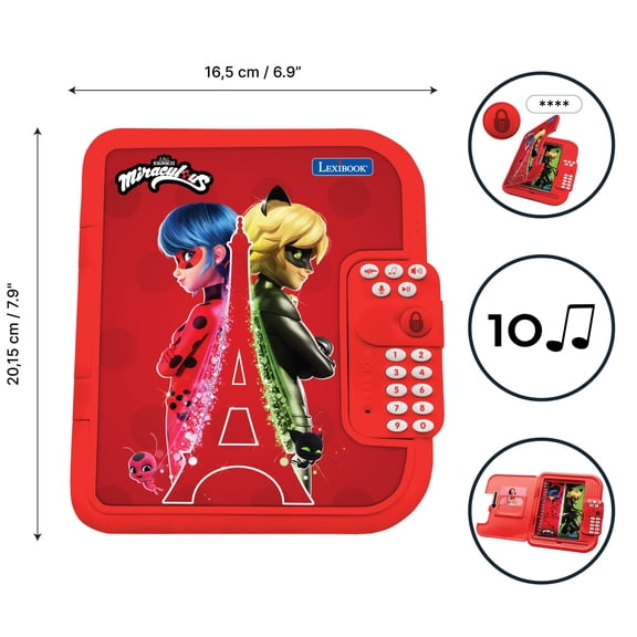 Lexibook - Miraculous, Electronic Secret Diary with pen and notebook included, interactive, password, fun features, sounds effects, Red, SD50MI