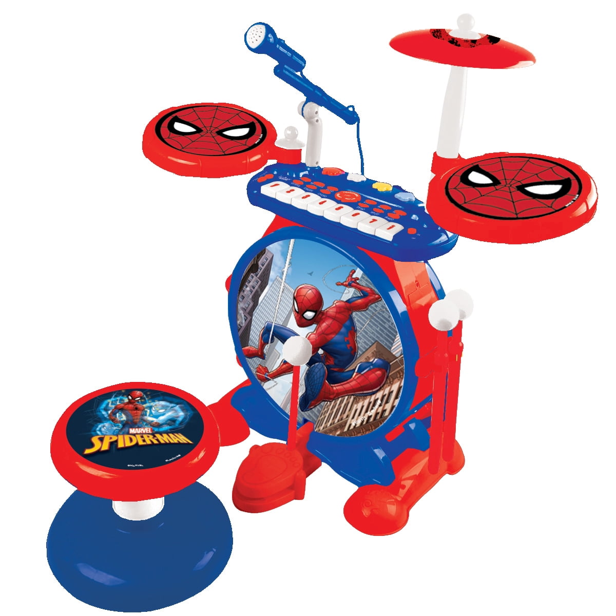 Lexibook Spider-Man Electronic Drum Set, 3-in-1 with 8-Key Keyboard and Mic, Blue/Red