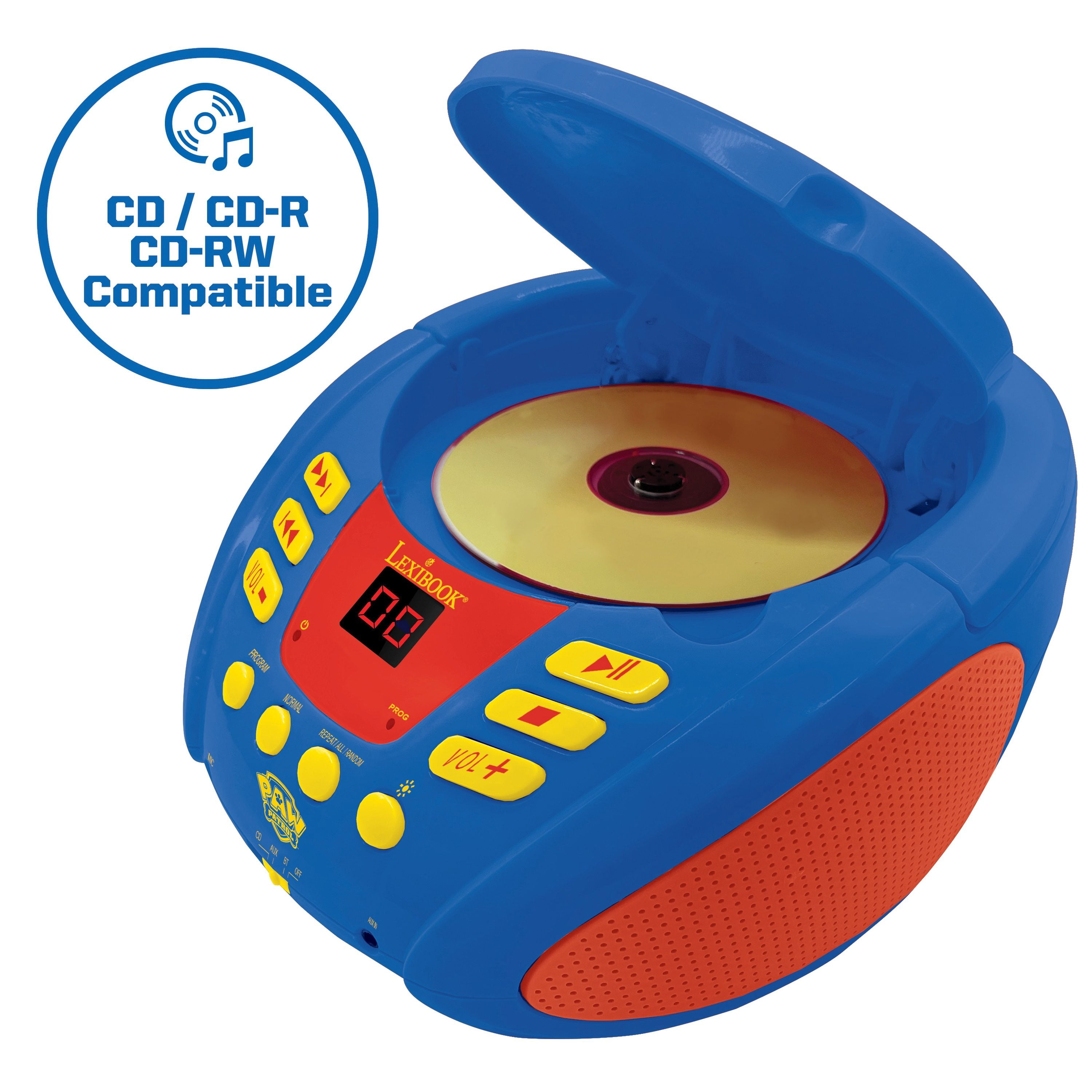 Lexibook - Paw Patrol - Bluetooth CD player for kids – Portable, Multicoloured light effects, Microphone jack, Aux-in jack, AC or battery-operated, Girls, Boys, Blue/Red