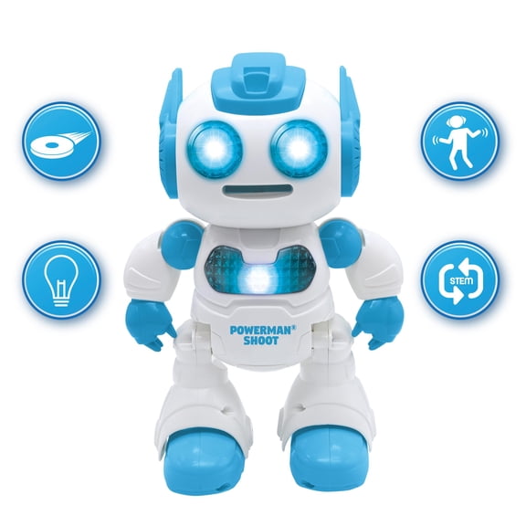 Lexibook, Powerman® Shoot - My first throwing-disc robot, Programmable remote control robot, Plays music and dances, Sound and light effects, 12 foam discs, ROB17