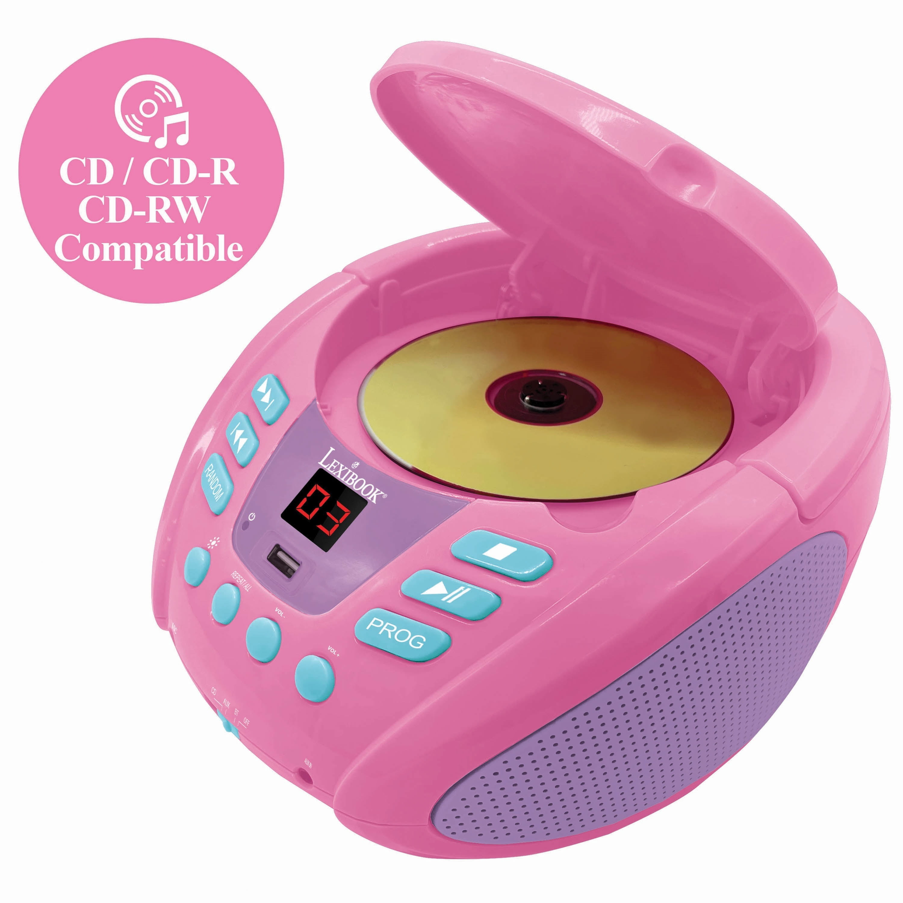 Lexibook Unicorn - Bluetooth CD player for kids – Portable, Multicoloured light effects, Microphone jack, Aux-in jack, AC or battery-operated, Girls, Boys, Pink