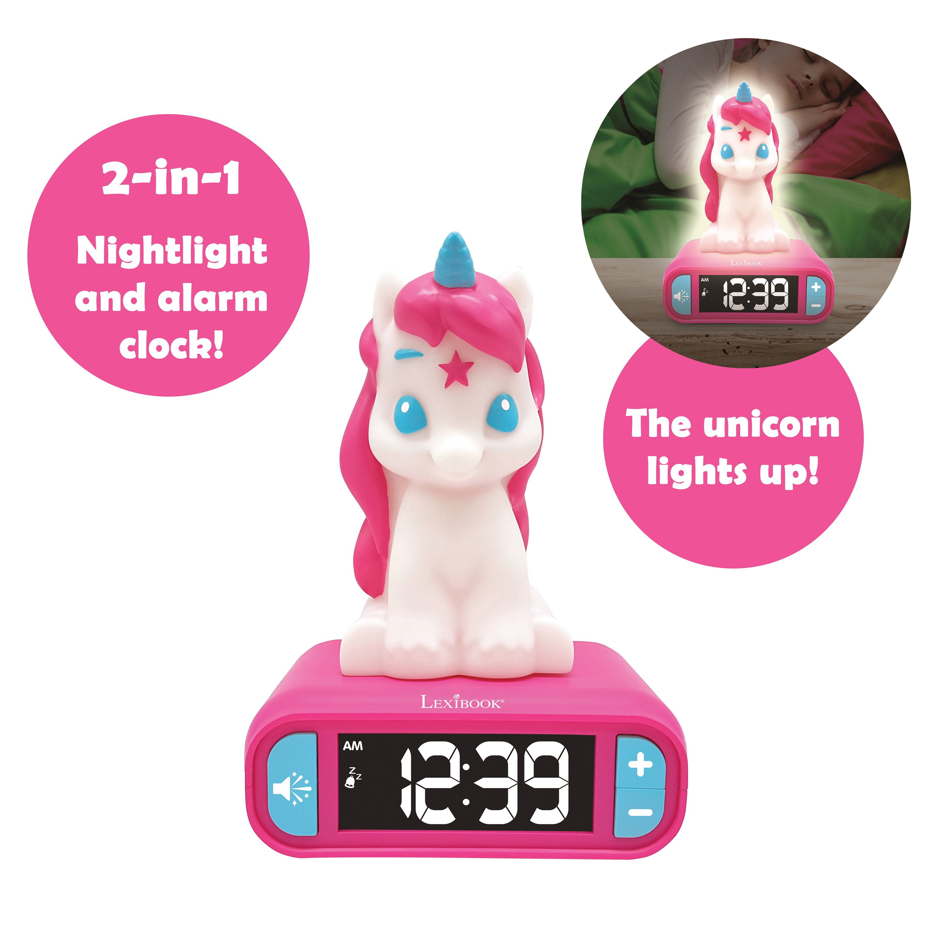 Lexibook - Unicorn Digital Alarm Clock for Kids with Night Light, Snooze, Childrens Clock, Luminous Unicorn, Pink Colour