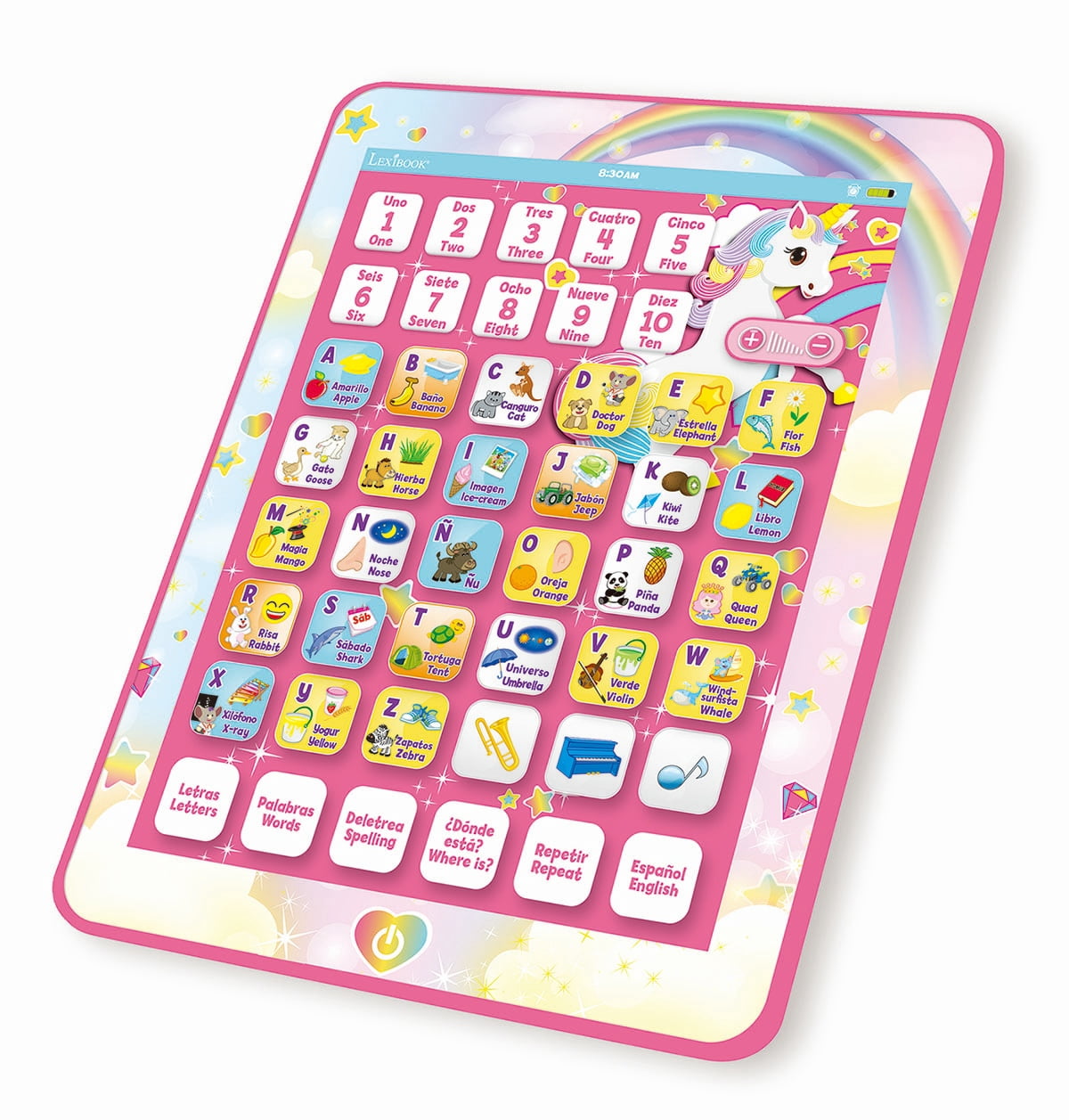 Lexibook Unicorn Educational Bilingual Interactive Learning Tablet, Toy to Learn Alphabet Letters Numbers Words Spelling and Music, English / Spanish Languages