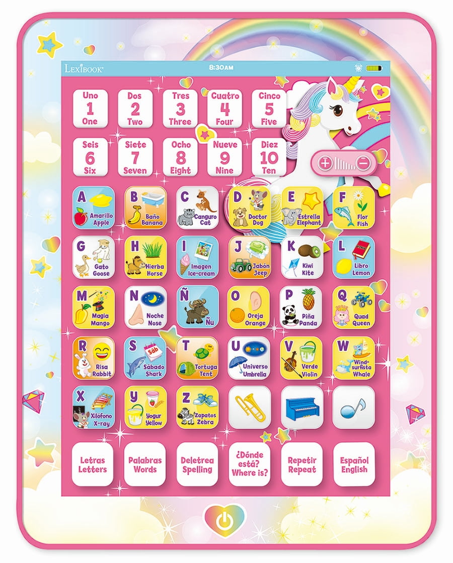 Lexibook Unicorn Educational Bilingual Interactive Learning Tablet, toy to learn alphabet letters numbers words spelling and music, English / Spanish languages, Pink, JCPAD002UNIi2