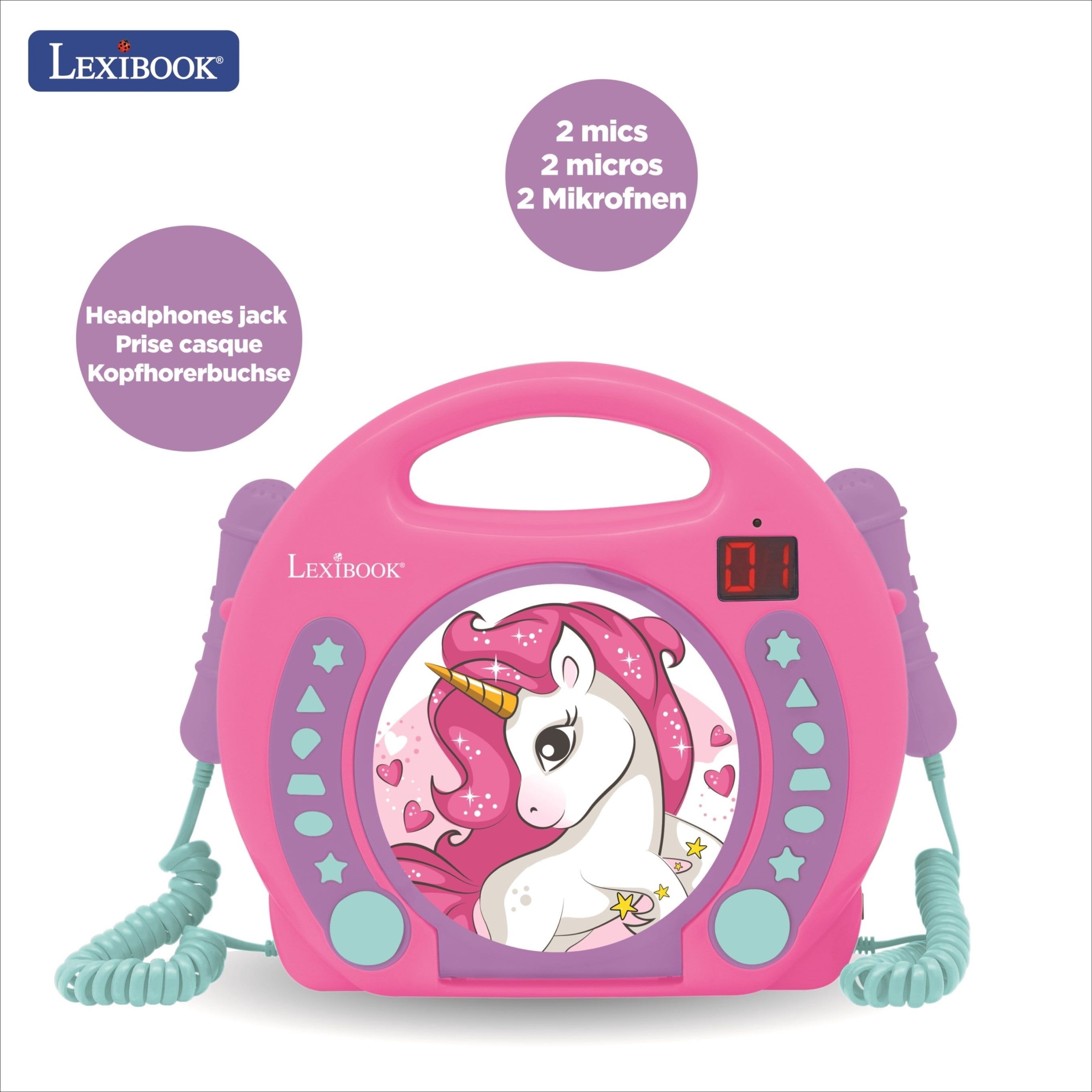 Lexibook Unicorn, CD player, Programming function, headphones jack, for kids, Blue/Pink