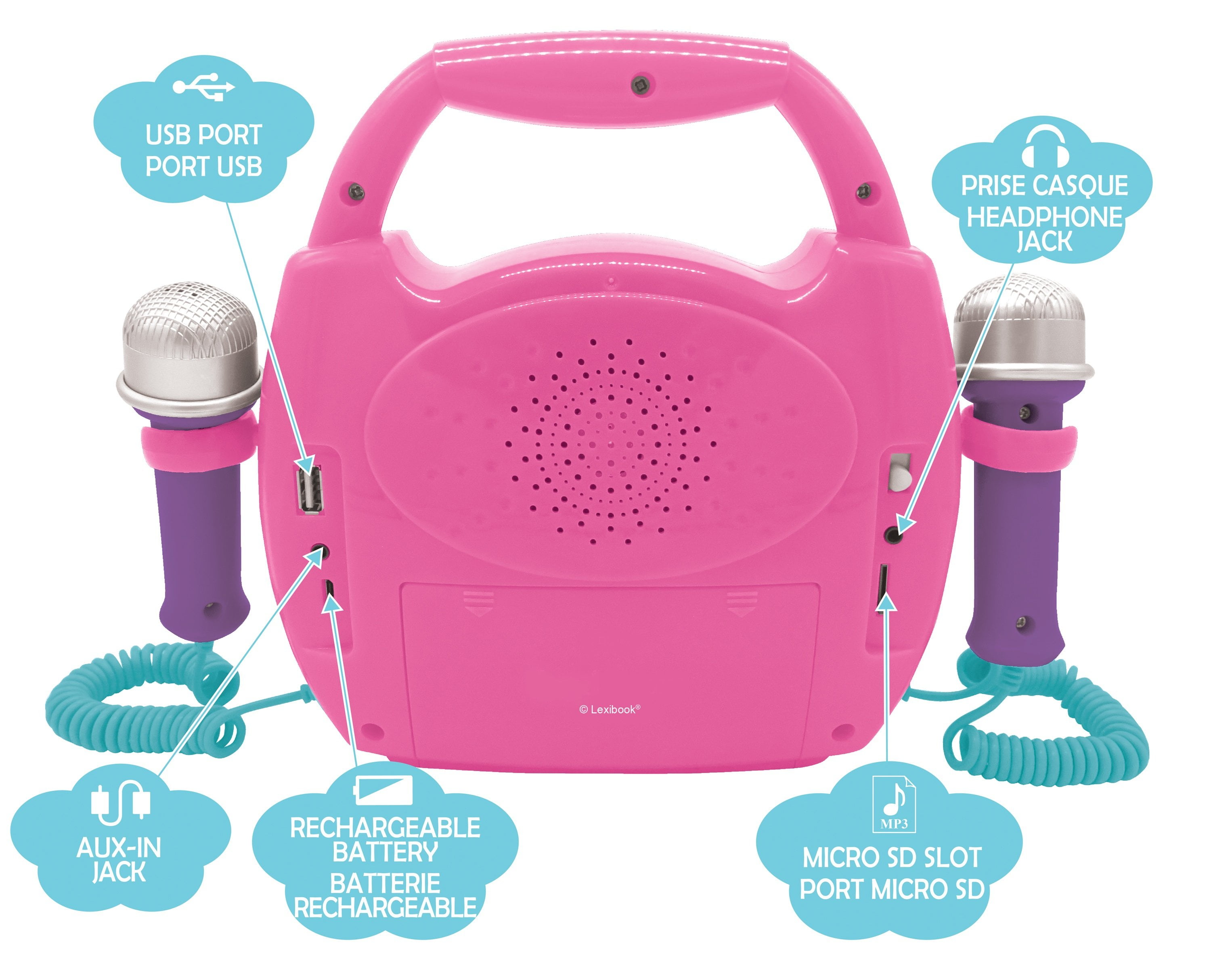 Lexibook Unicorn - Portable karaoke digital player for kids – Microphones, Light effects, Bluetooth, Record and voice changer functions, Rechargeable battery, Pink