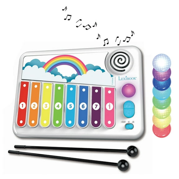 Lexibook Xylofun Electronic and educational Xylophone for children, musical toy game, 8 keys, light guiding, 2 mallets included, white/blue, K340