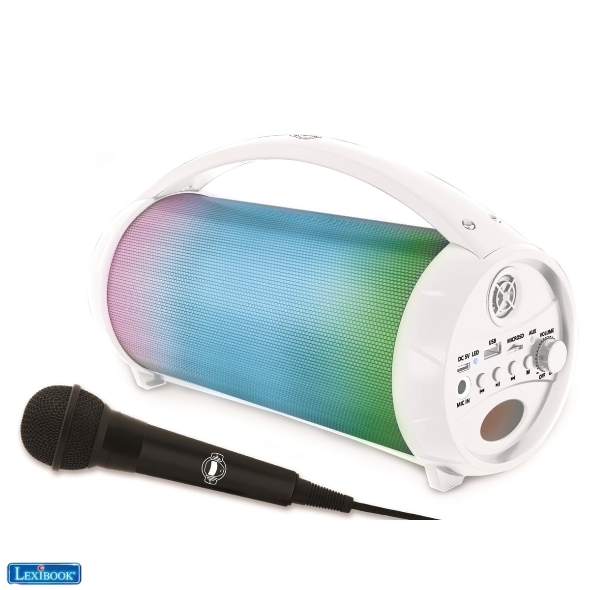 Lexibook iParty - Portable Bluetooth Light Speaker with Microphone, Stereo, Light effects, Karaoke, Wireless, FM radio, USB, SD card, Rechargeable battery, white, BTP585Z