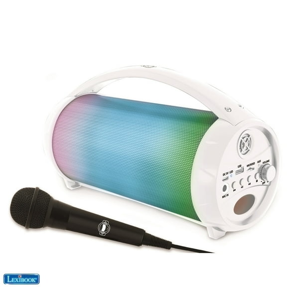 Lexibook iParty - Portable Bluetooth Light Speaker with Microphone, Stereo, Light effects, Karaoke, Wireless, FM radio, USB, SD card, Rechargeable battery, white, BTP585Z