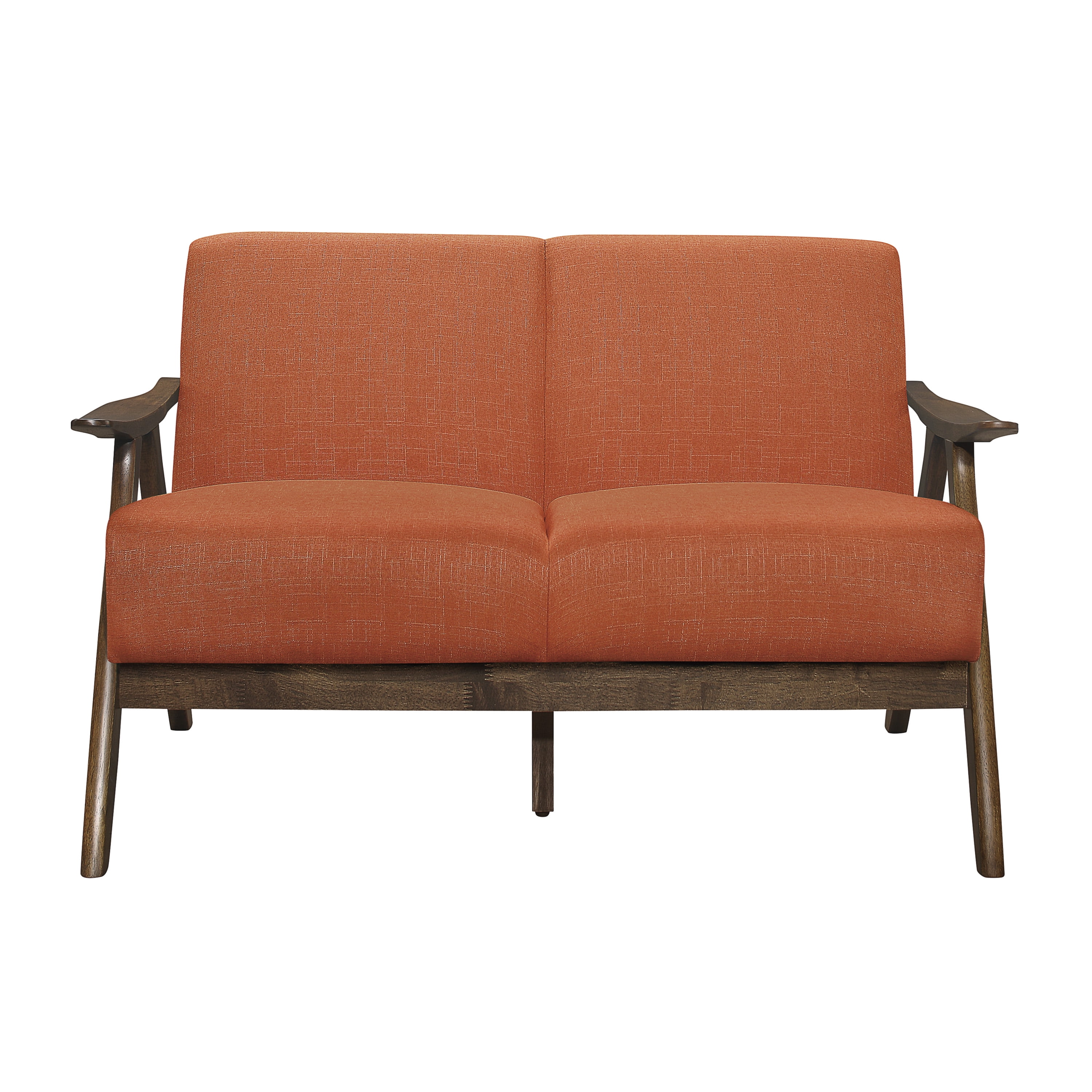 Retro Orange Fabric and Walnut Wood Loveseat with Sloped Arms