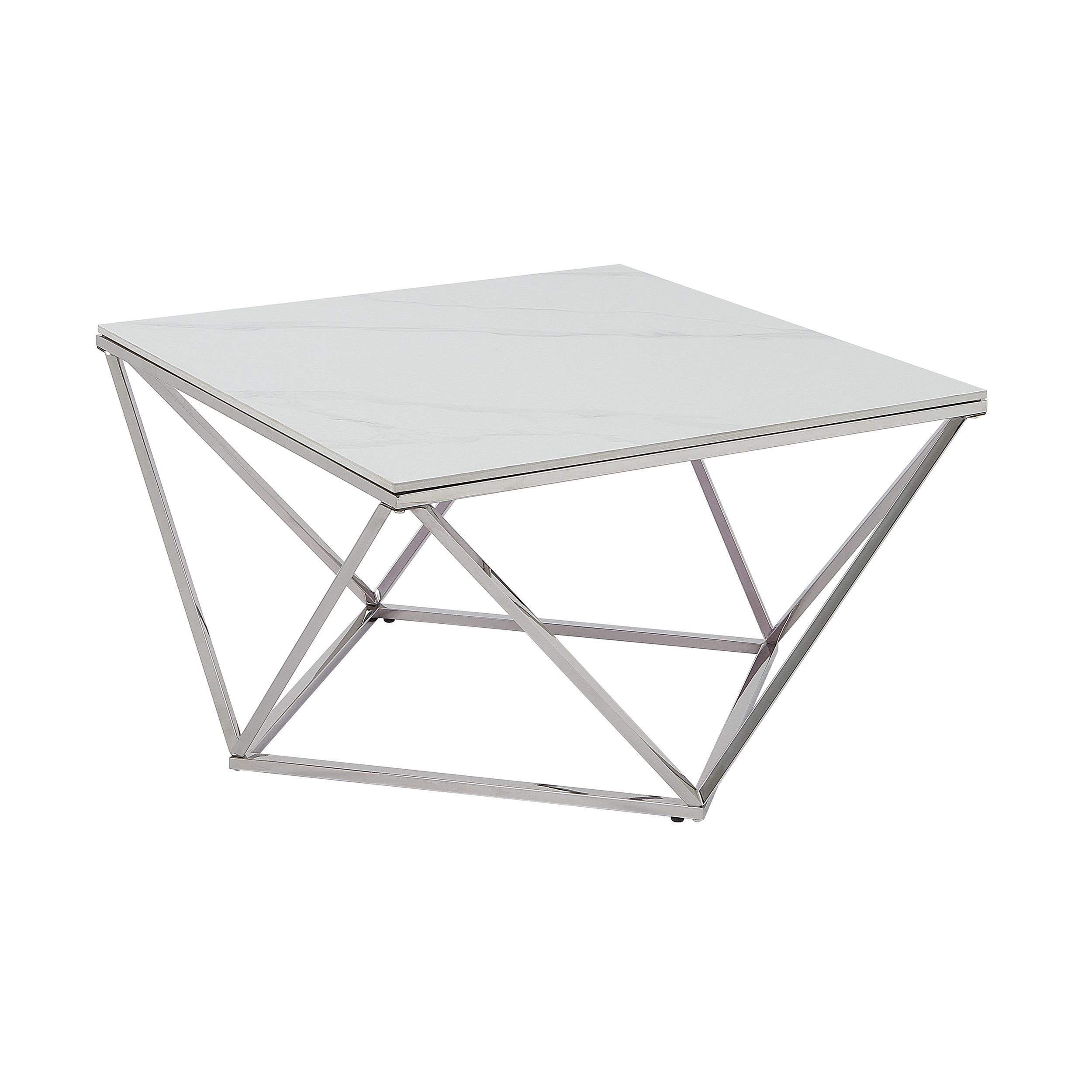 31.5" White and Silver Steel Coffee Table with Stone Top