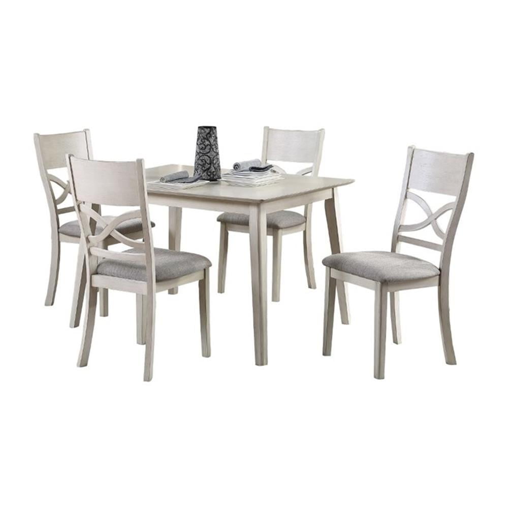 Antique White Acacia Veneer Formal Dining Set with Gray Linen Chairs