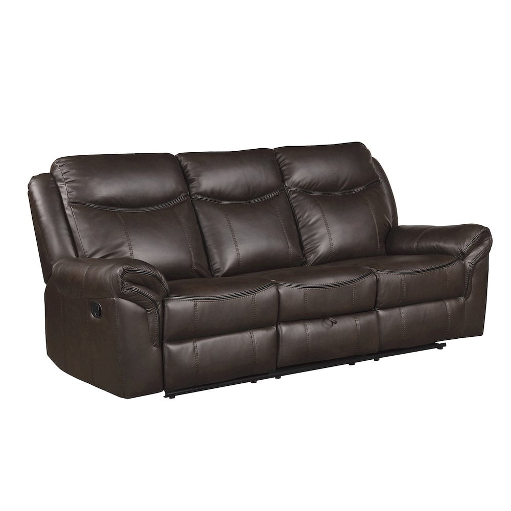 Dark Brown Faux Leather Reclining Sofa with Storage and Cup Holders