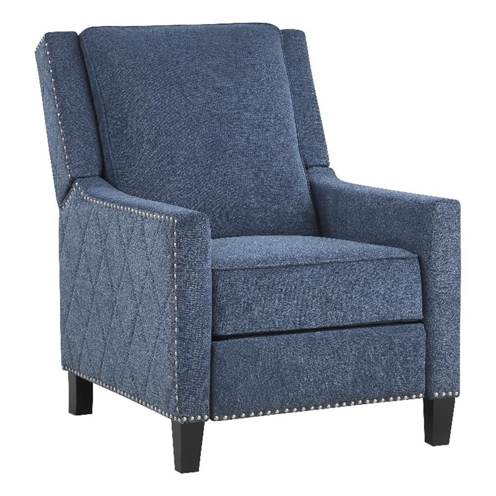 Blue Fabric Upholstered Push Back Recliner with Nailhead Trim