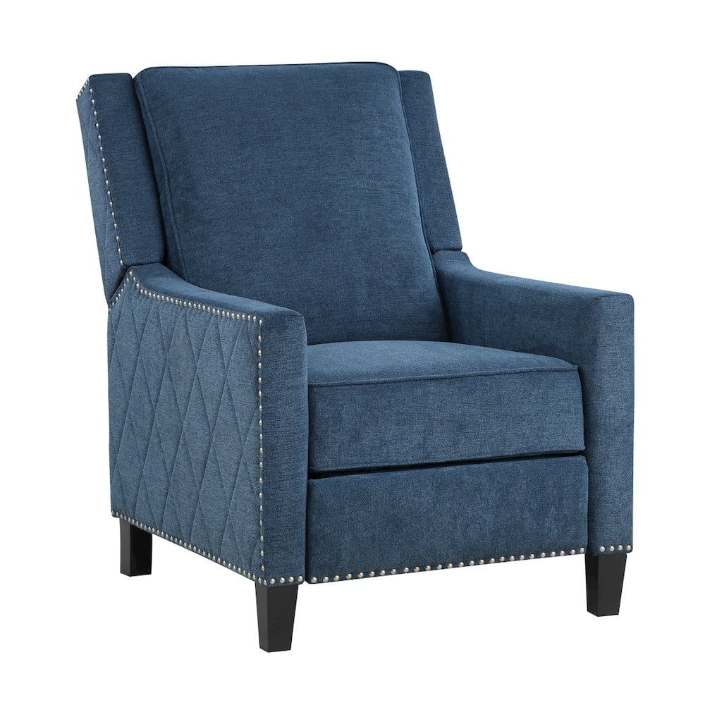 Blue Fabric Upholstered Push Back Recliner with Nailhead Trim