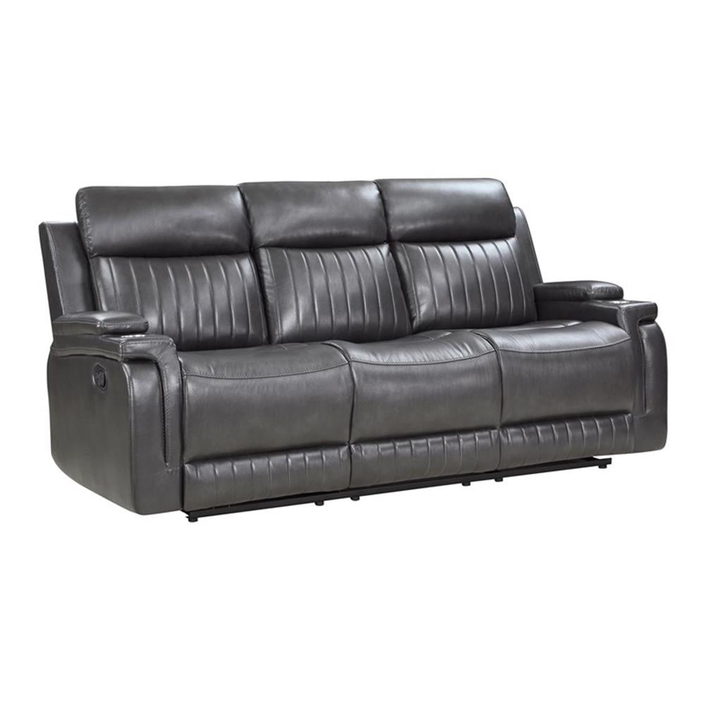 Gray Faux Leather Reclining Sofa with Cup Holders