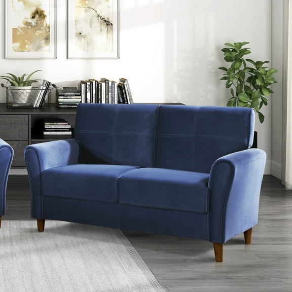 Lexicon Dunleith Tufted Velvet Upholstered Loveseat in Blue and Walnut