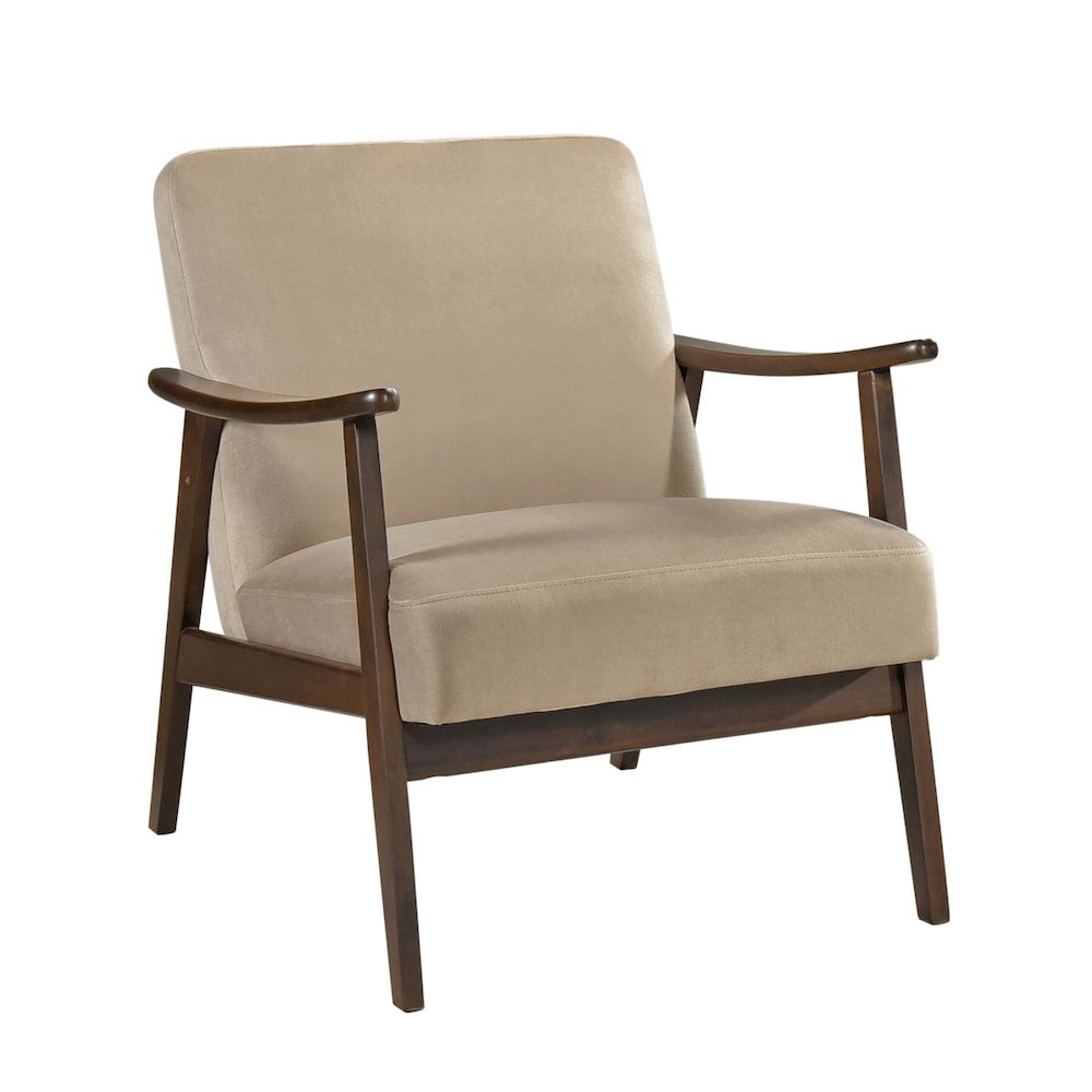 Light Brown Velvet and Wood Mid-Century Modern Accent Chair