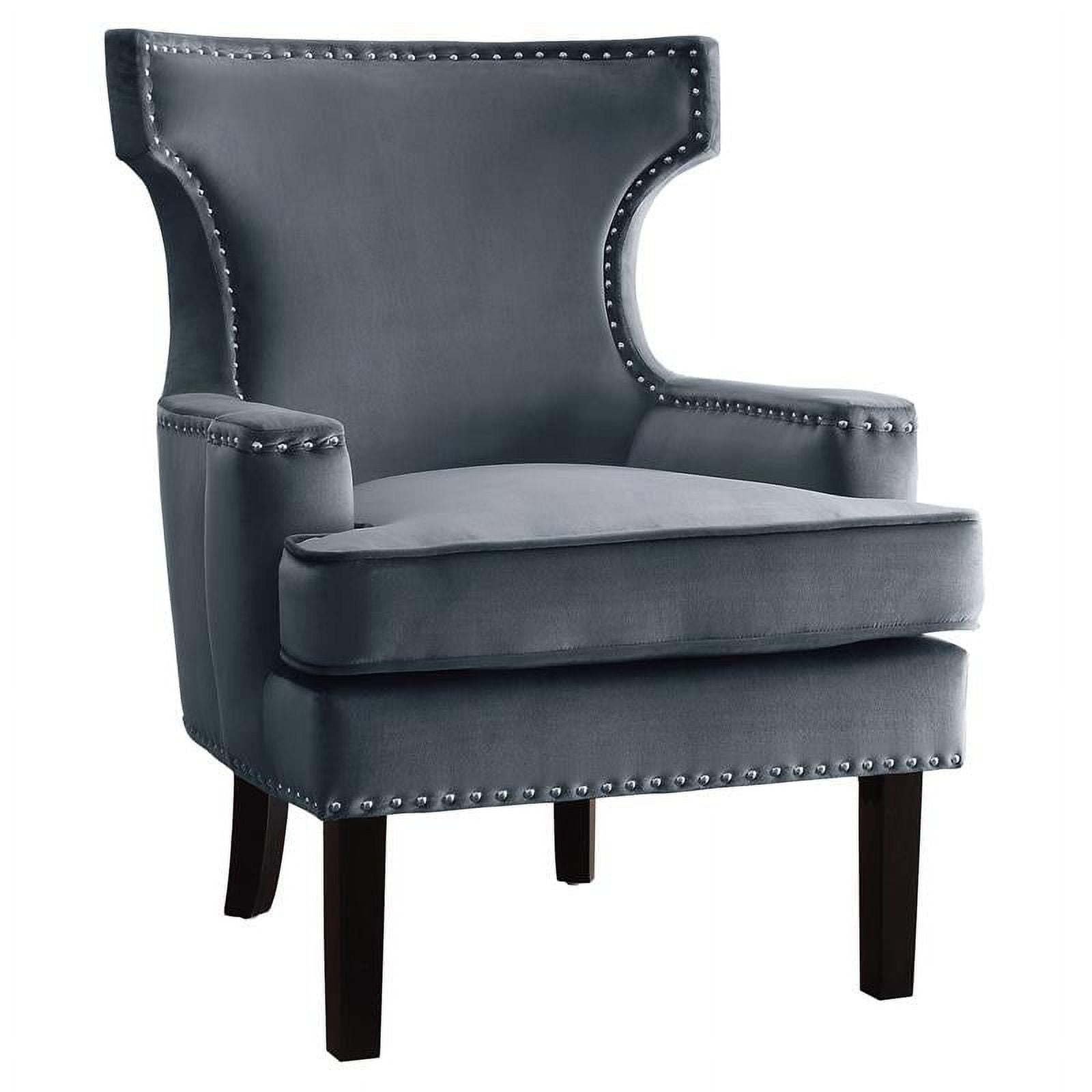 Gray Velvet Accent Chair with Studded Rivets and Saber Legs