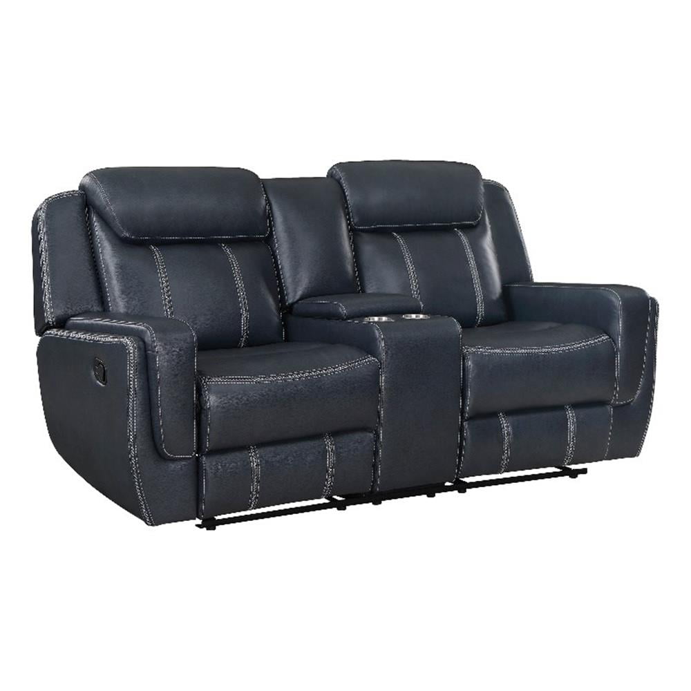 Blue Faux Leather Reclining Loveseat with Cup Holders