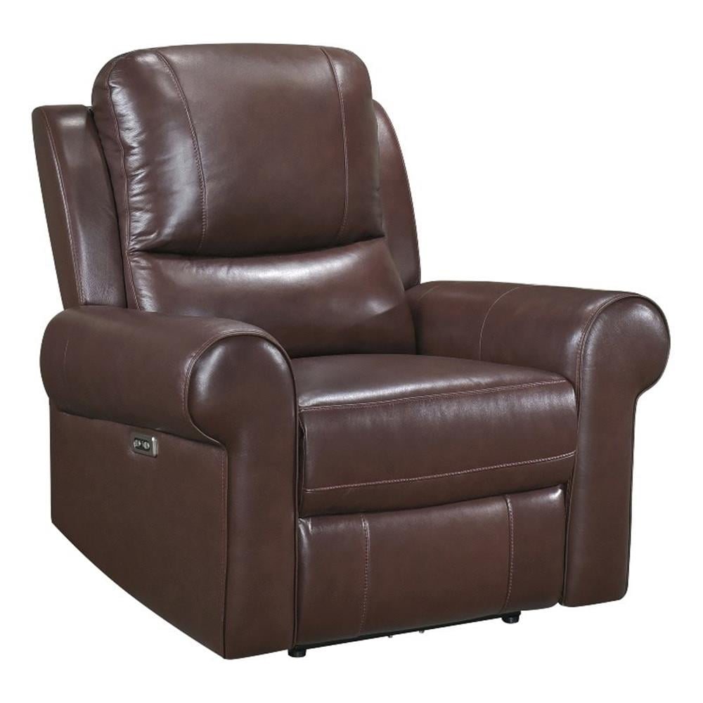 Brown Leather Power Recliner with Wood Frame and USB Port