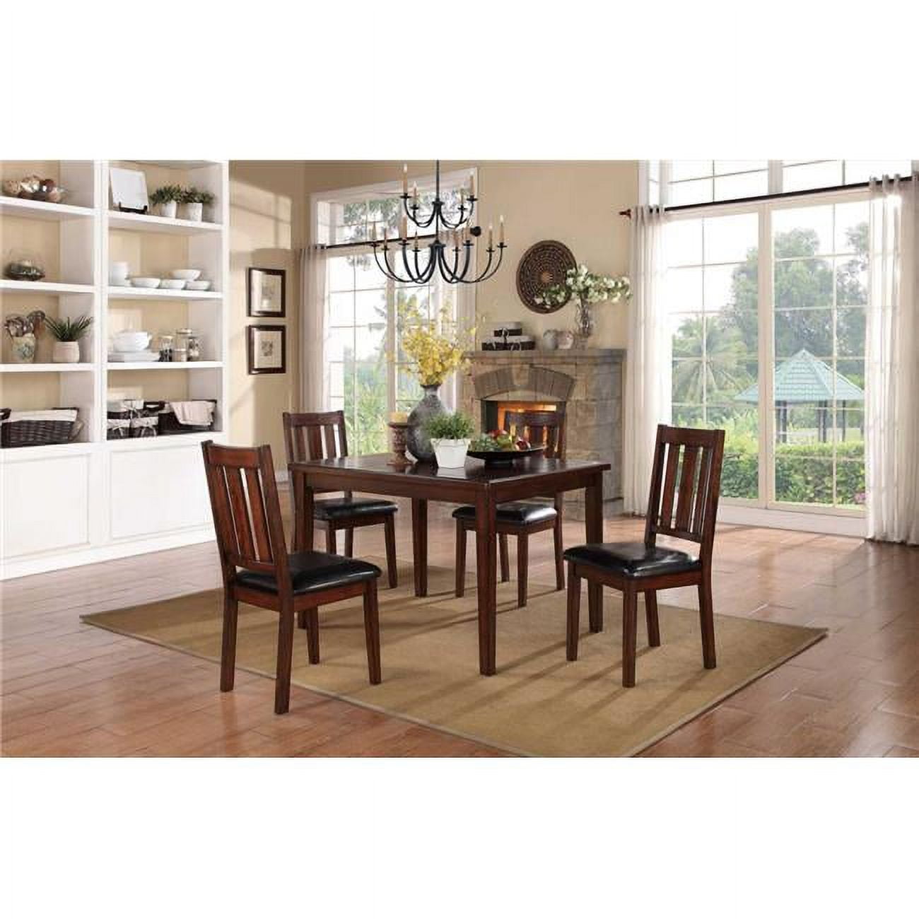 Dark Brown Cherry 5-Piece Rectangular Dining Set with Faux Leather Chairs
