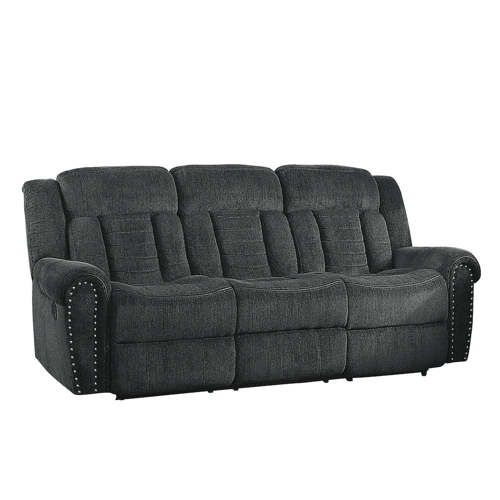 Transitional Charcoal Gray Fabric Reclining Sofa with Nailhead Accents