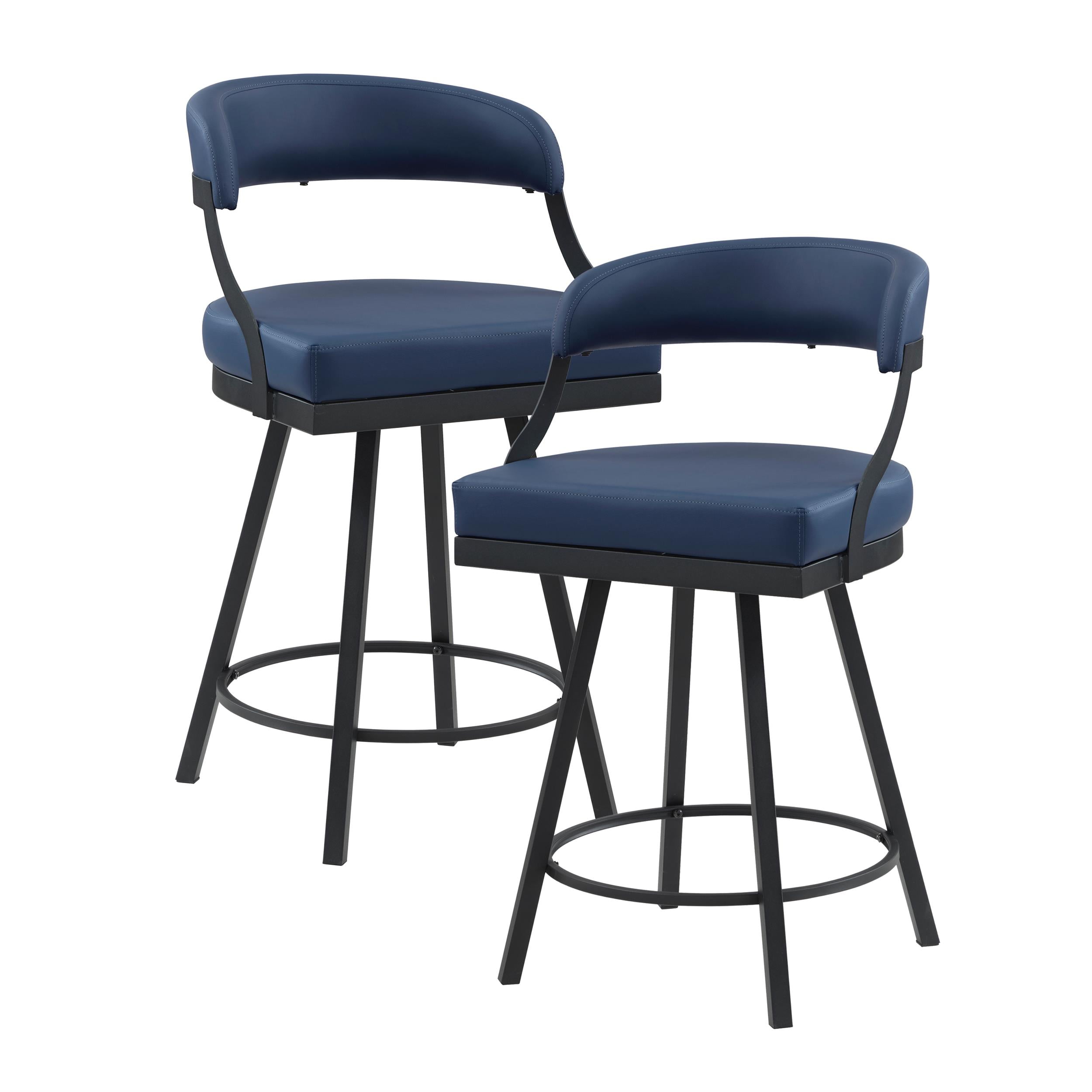 Blue Faux Leather Swivel Counter Height Stools with Black Metal Frame, Set of 2