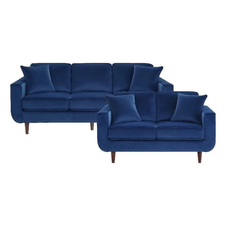 Lexicon Rand Velvet 2-Piece Upholstered Sofa Set in Navy Blue