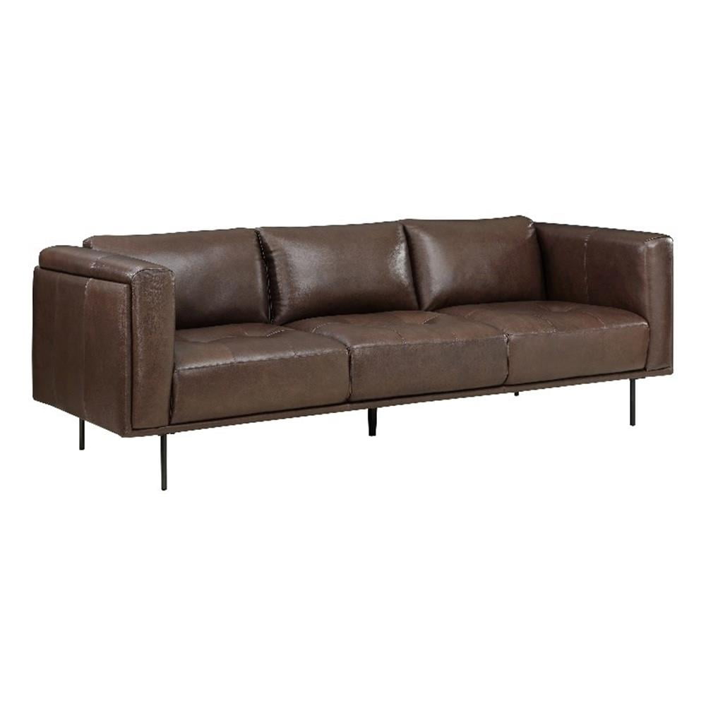 88" Brown Tufted Leather Lawson Sofa with Wood Frame