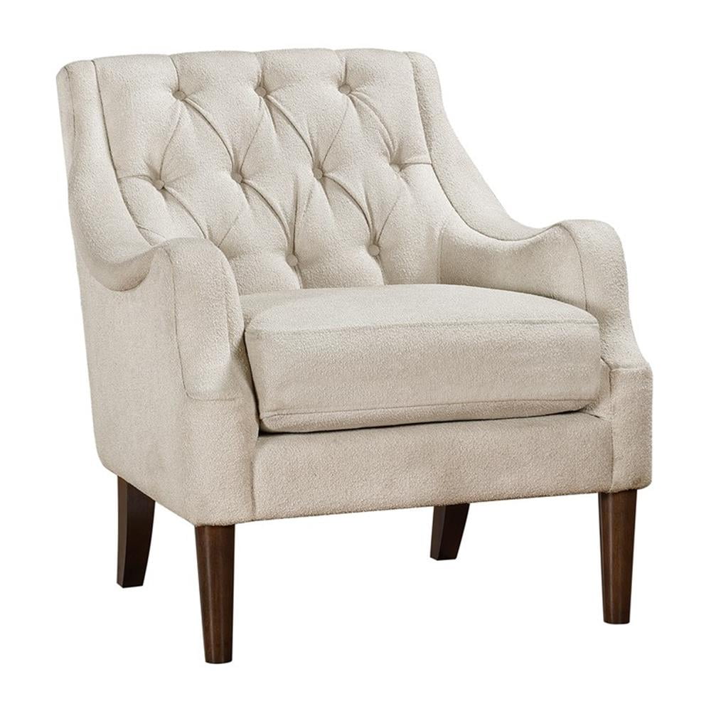 Beige Boucle Fabric Accent Chair with Dark Brown Wood Legs