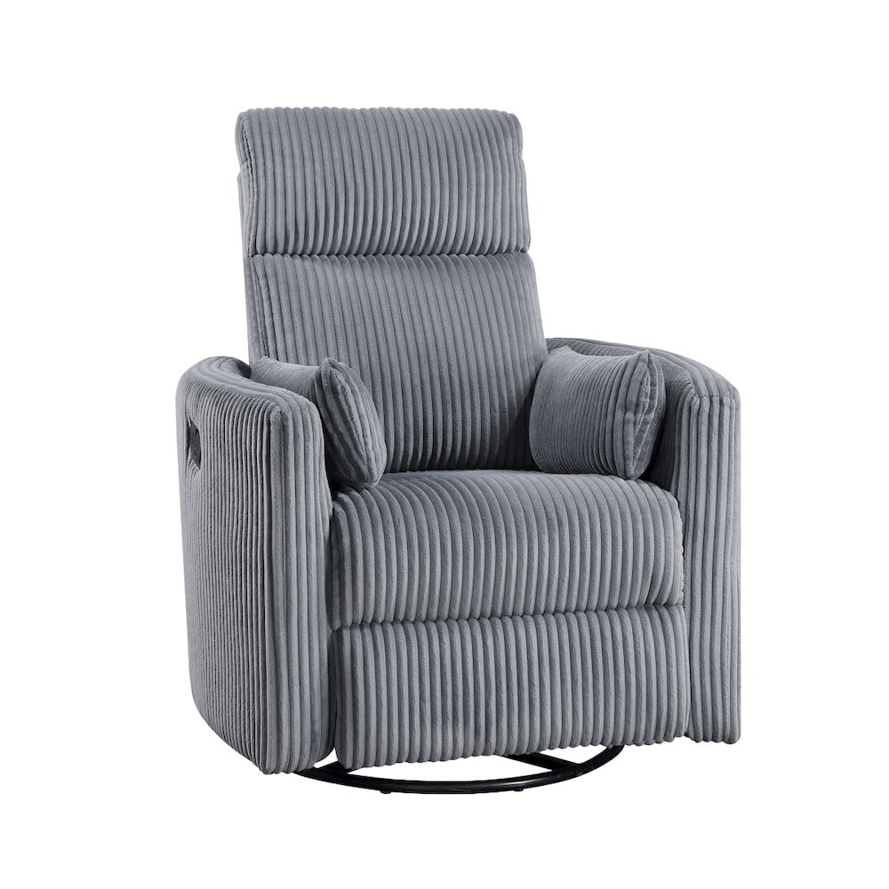 Gray Corduroy Swivel Glider Recliner with Wood Accents