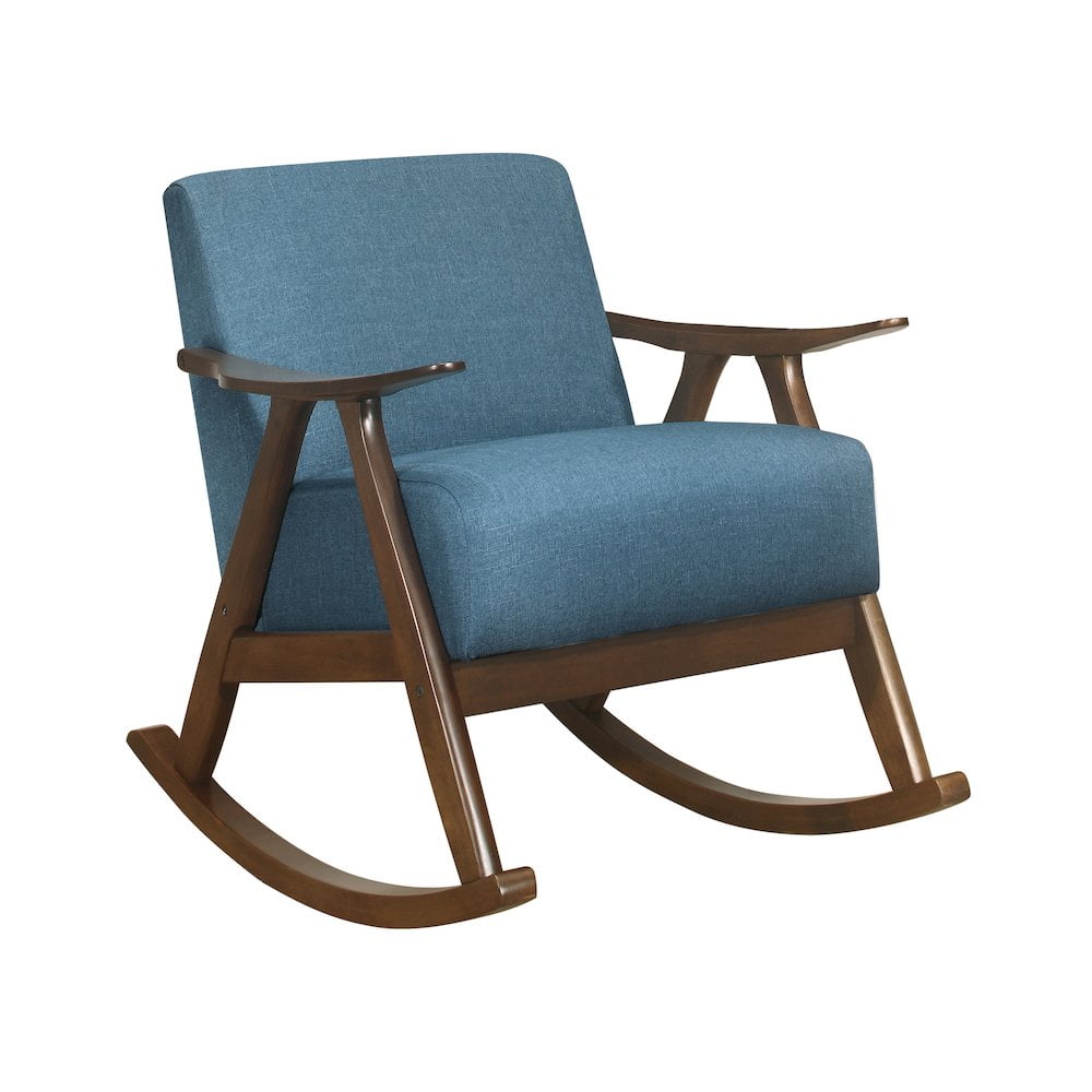 Lexicon Waithe Mid-Century Textured Fabric Rocking Chair in Dark Walnut/Blue