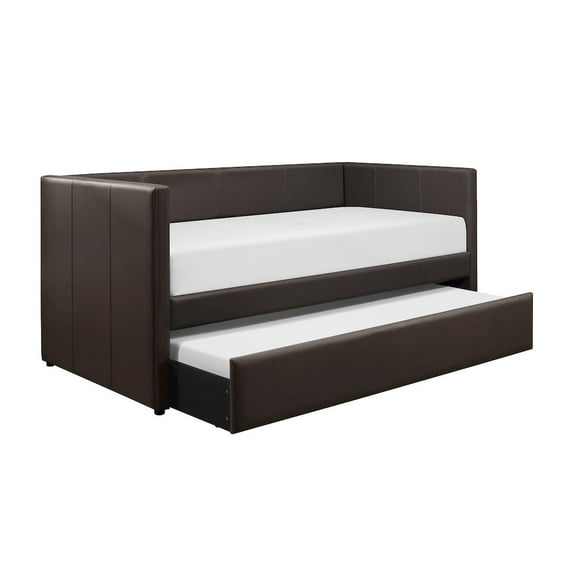 Lexiconhome Adra Faux Leather Upholstered Daybed with Trundle in Dark Brown