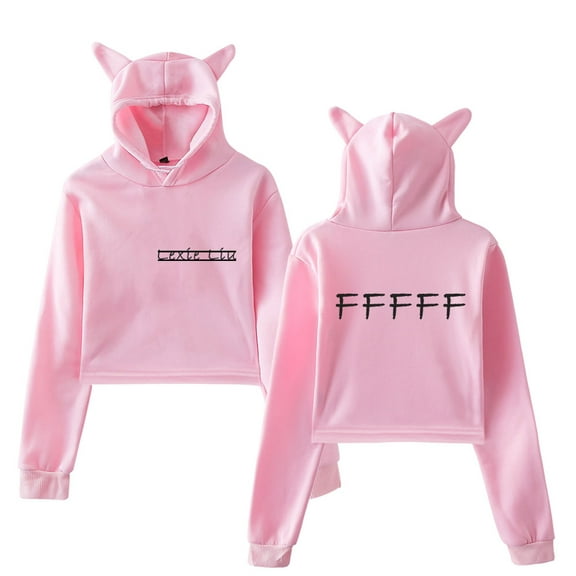 Lexie Liu FFFFF Logo Girl's Cute Cat Ear Cropped Pullover Hoodie Hooded Sweatshirt