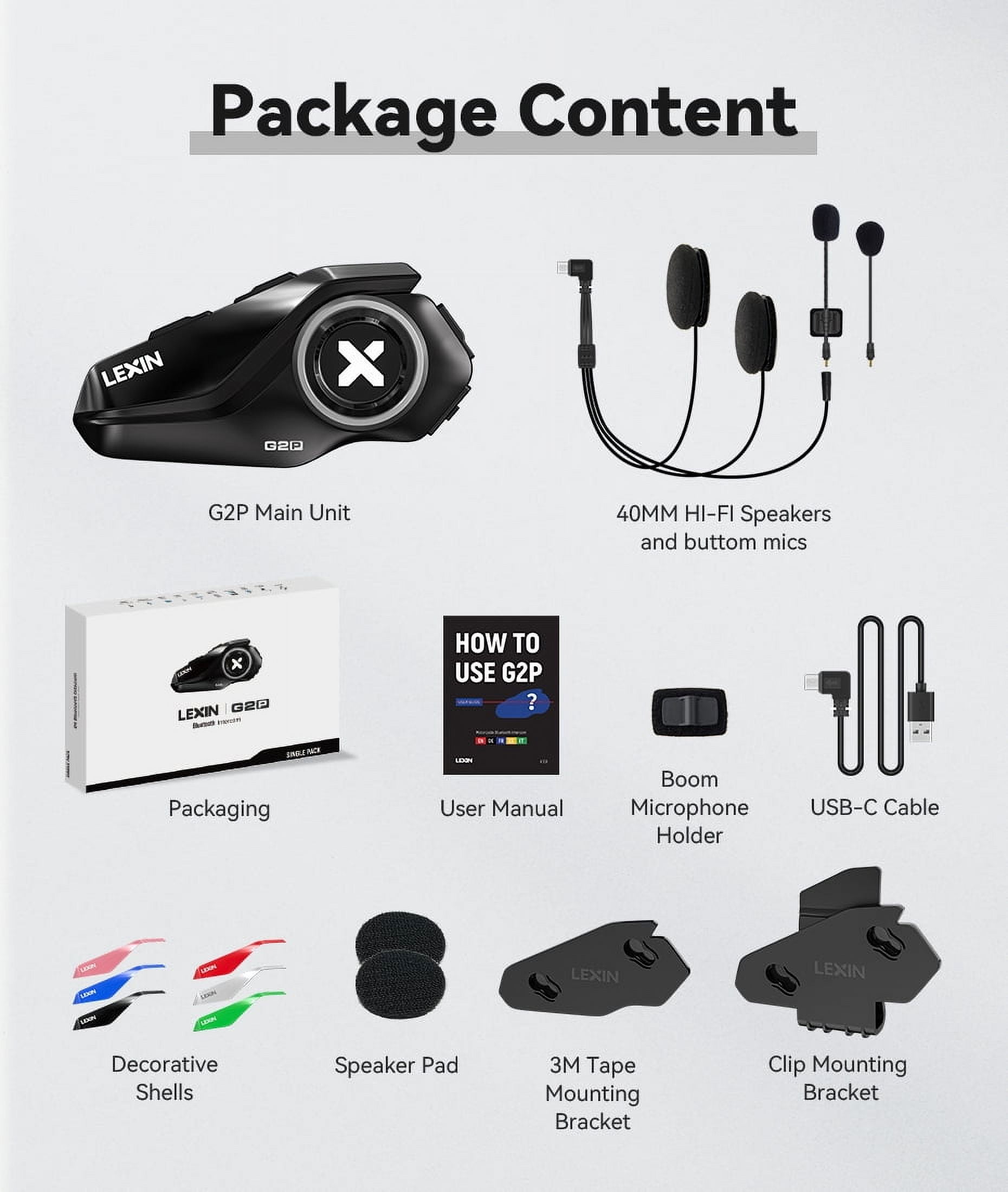 Lexin G2P Motorcycle Intercom Helmet Bluetooth Headsets,Handsfree ...