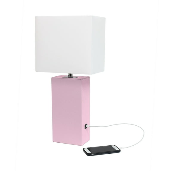 Lexington 21" Leather Base Modern Home Decor Bedside Table Lamp With Usb Charging Port For Living Room, Blush Pink