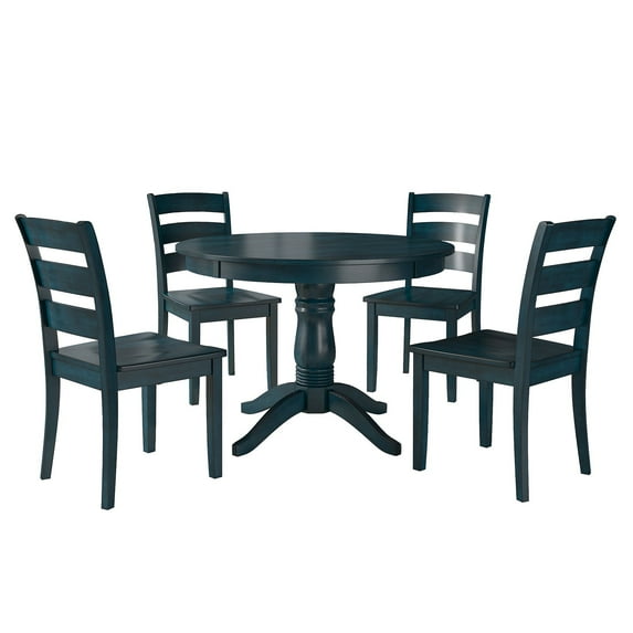 Lexington 5-Piece Wood Dining Round Table and 4 Ladder Back Chairs, Dark Denim