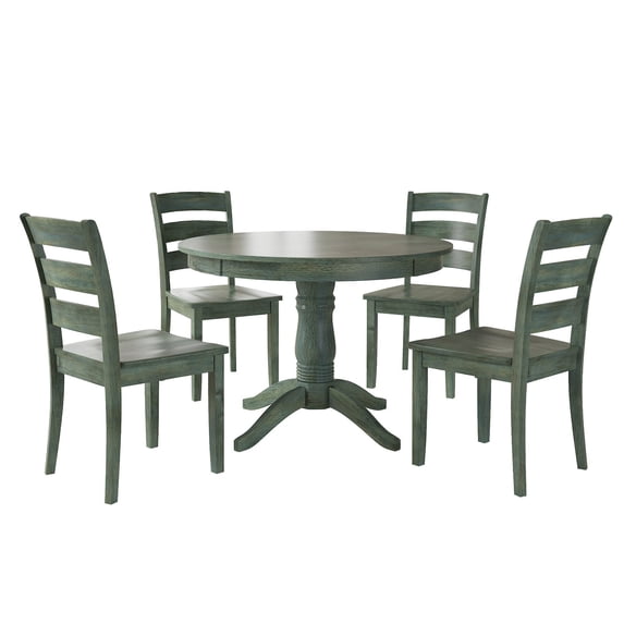 Lexington 5-Piece Wood Dining Round Table and 4 Ladder Back Chairs, Dark Sea Green